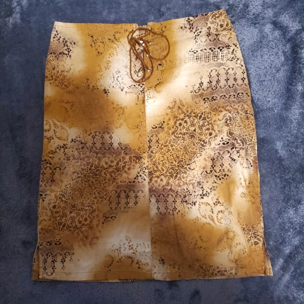 Vintage Boho Mini Skirt by Zoey Beth | Brown Gold Patterned Y2K Aesthetic